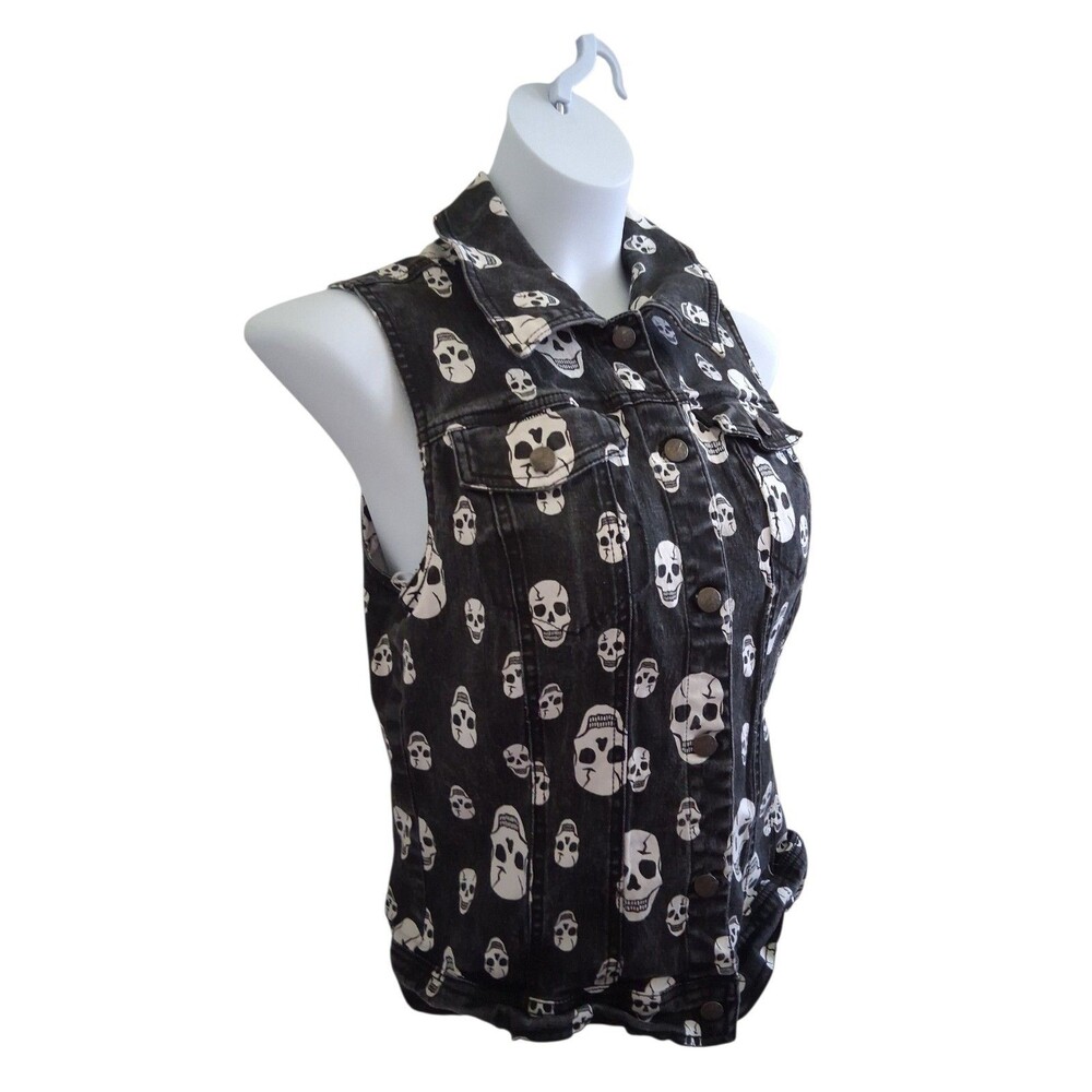 Y2K Tripp NYC Black White Skull Print Jean Vest Size L Gothic Grunge Punk - Picture 5 of 6